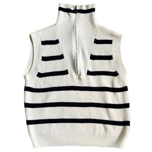 Oliver O Cream Midnight Blue Stripes Ribbed Sleeveless Sweater Vest Size Large